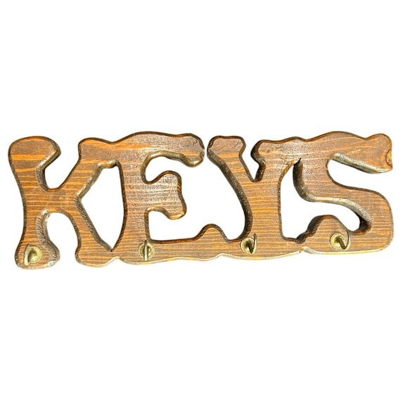 VTG- wooden key holder sign- keys- with hooks - brown rustic cottage farmhouse - Picture 1 of 5